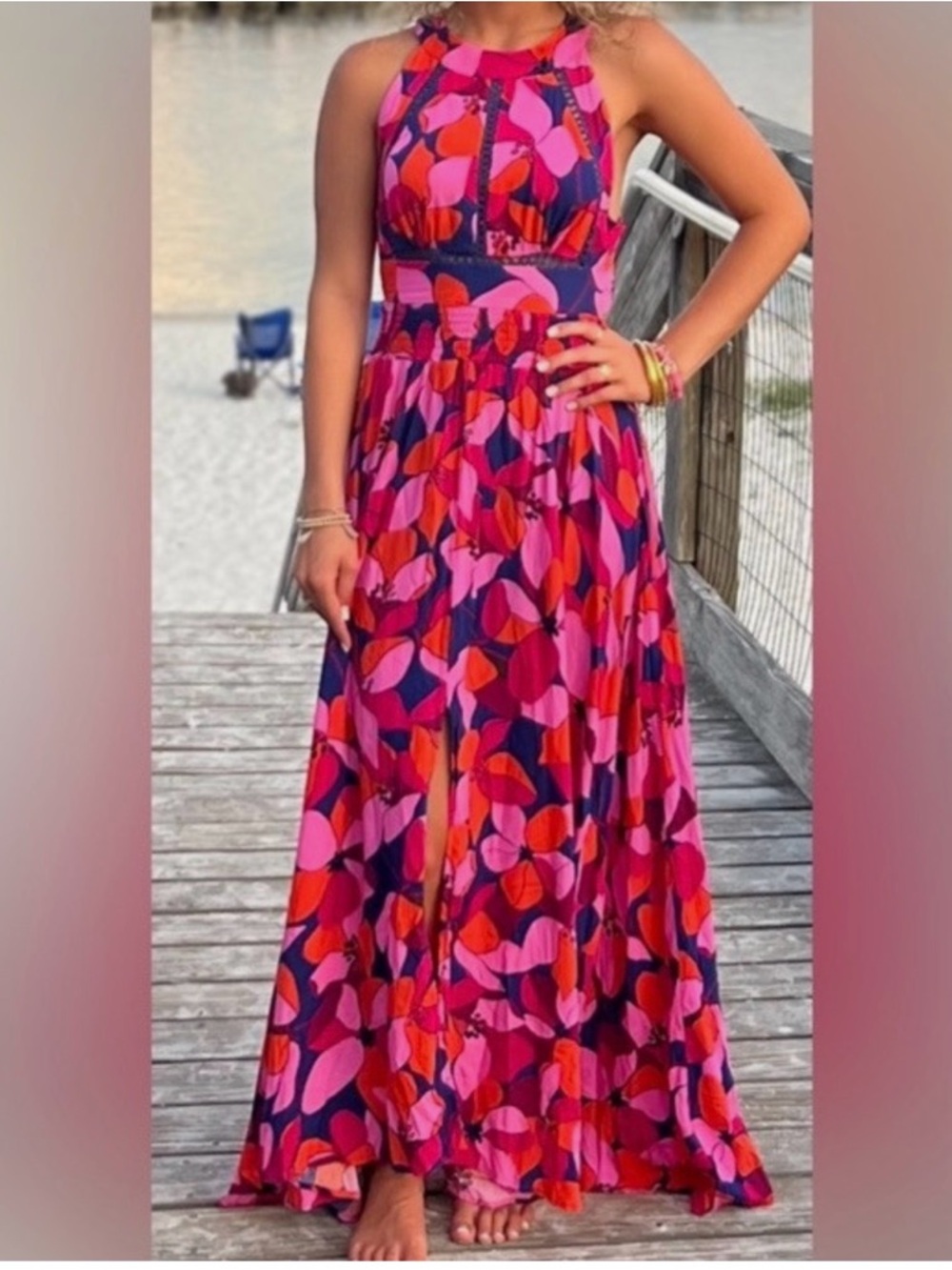 NWOT‎ Anthropologie Vibrant Pink & Red Halter Floral-Maxi Dress